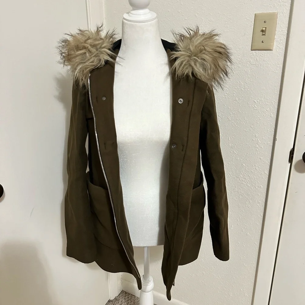 ZARA khaki army green faux fur trim hood duffle coat size XS